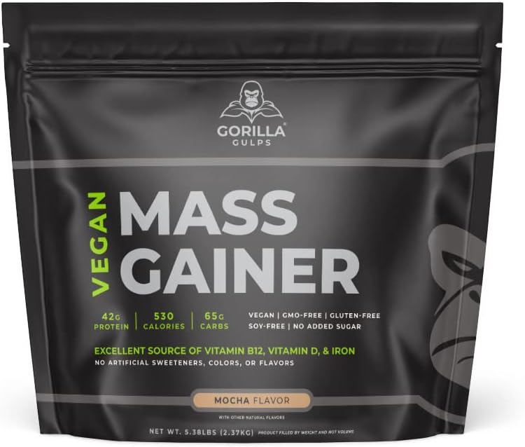 Gorilla Gulps – Mocha Vegan Mass Gainer – 5 lb Natural High Calorie Protein Powder – GMO, Gluten, Dairy, & Soy Free. No Artificial Ingredients – Vitamin B12 + D3, & Iron – 530 Calories – 18 Servings