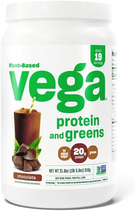 Vega Protein and Greens Vegan Protein Powder Chocolate (19 Servings) - 20g Plant Based Protein Plus Veggies, Vegan, Non GMO, Pea Protein for Women and Men, 1.4lb 