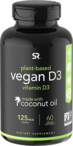 Vegan Vitamin D3 5000iu (125mcg) with Coconut Oil | 100% Plant-Based Vitamin D Supplement for Bone, 