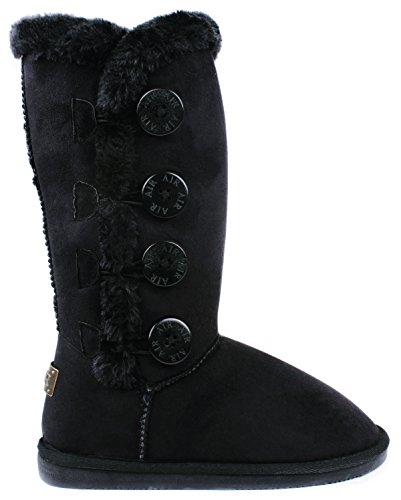 AMY Women Black Wooden Button Faux Fur Lined Shearling Mid Calf Winter Boots-5