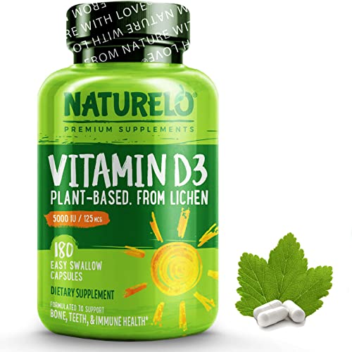 NATURELO Vitamin D - 5000 IU - Plant Based from Lichen - Natural D3 Supplement for Immune System, Bo