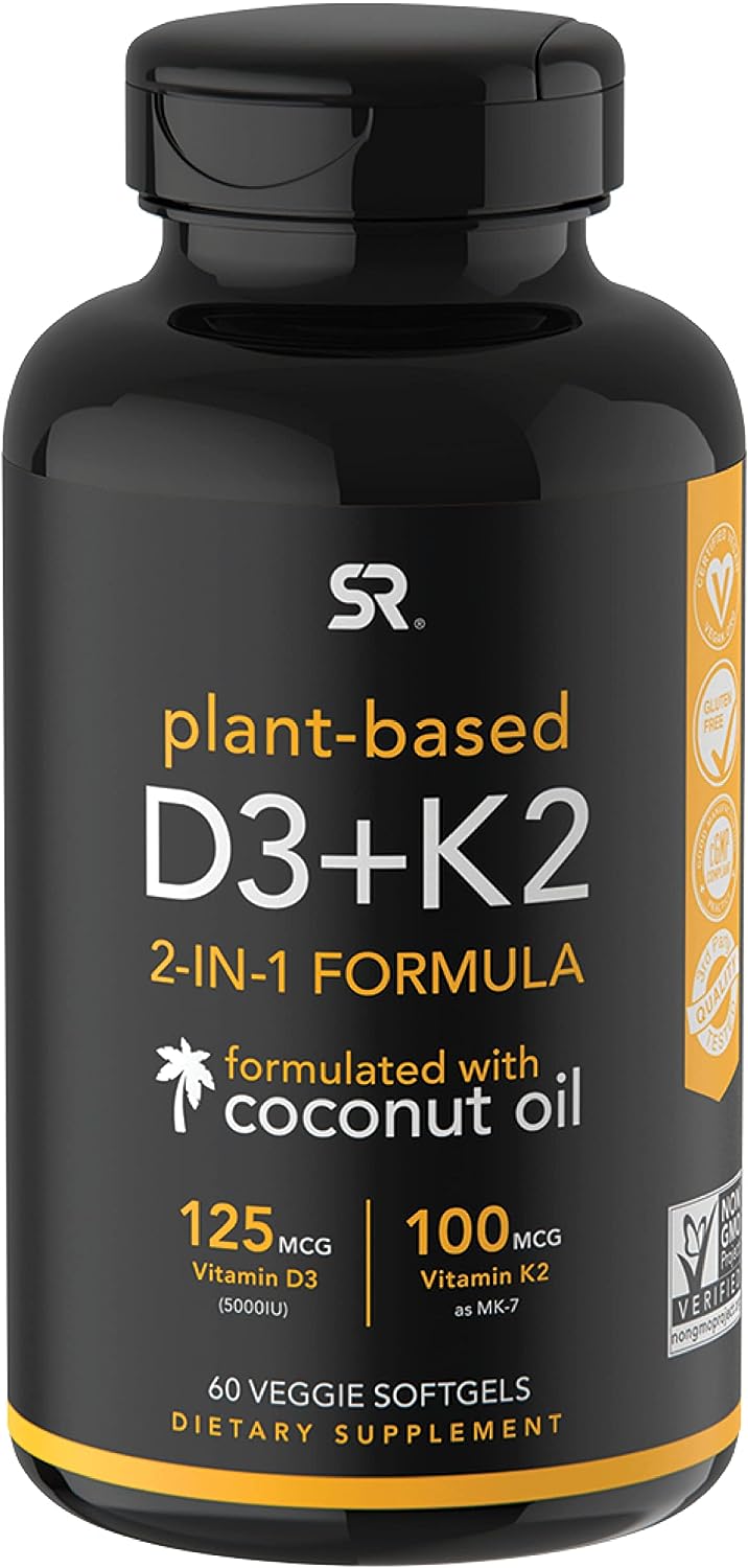 Sports Research Vegan Vitamin D3 + K2 Supplement with Organic Coconut Oil - 5000iu Vitamin D with 100mcg Mk7 Vitamin K - Supports Calcium for Stronger Bones & Immune Health - 60 Softgels for Adults