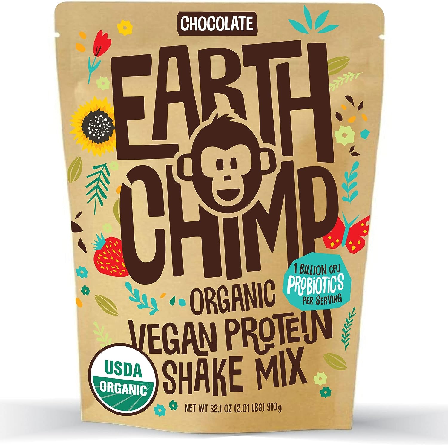 EarthChimp Organic Vegan Protein Powder - 26 Servings, 32 Oz - with Probiotics & Digestive Enzymes - Plant Based, Dairy Free, Non GMO, Gluten Free, Gum Free (Chocolate)