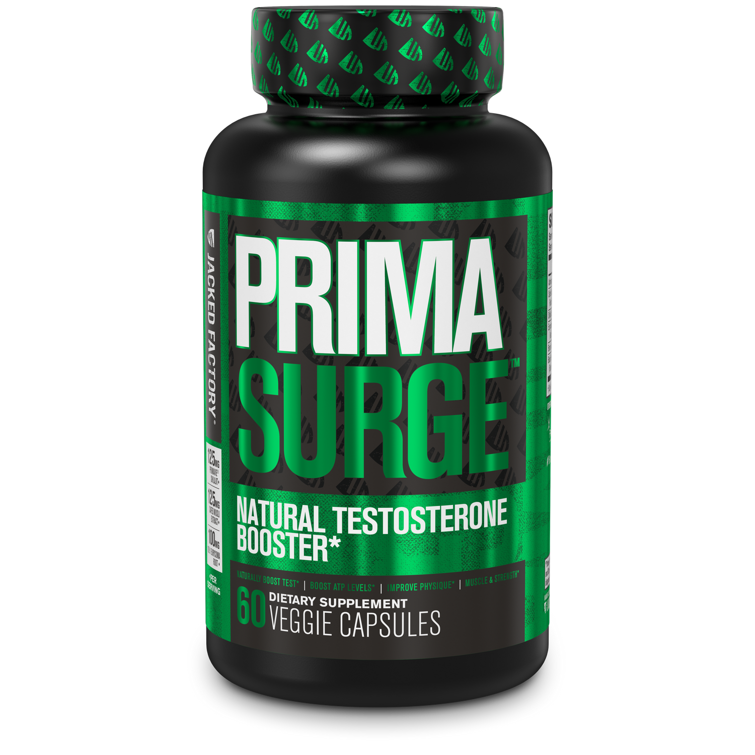 Jacked Factory's Primasurge (60 veggie capsules) in a black bottle with green label